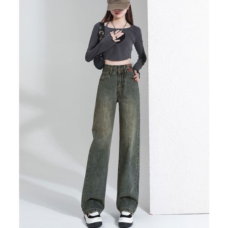 ダブルボタン パッチデザイン ハイウエスト セミワイドストレートデニム | NinaetLina | 詳細画像4 