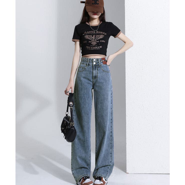 ダブルボタン パッチデザイン ハイウエスト セミワイドストレートデニム | NinaetLina | 詳細画像6 