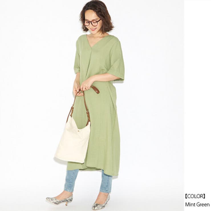 ミントグリーン | レーヨンリネンバックツイスト半袖ロングシャツ チュニックワンピース スリット | NinaetLina