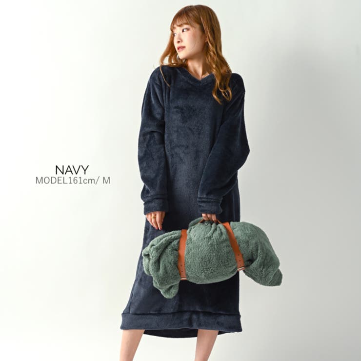 ネイビー | もこもこ Vネック マキシ丈ワンピ | NinaetLina