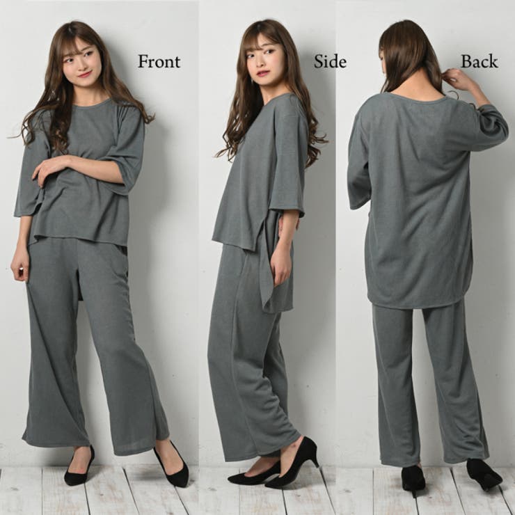 ワッフルワイドパンツセットアップ レディース トップス[品番