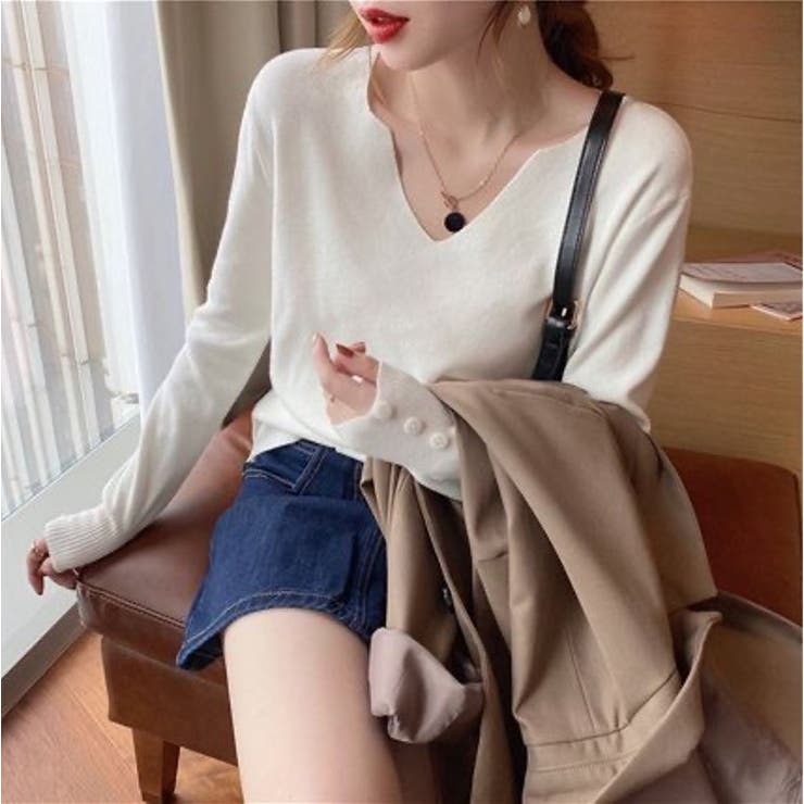 ホワイト | Vネックリブニットソー レディース トップス | NinaetLina