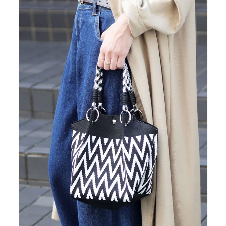 ブラック/ジオメタリック | ニットバッグ ミニ 持ち手 | ninon