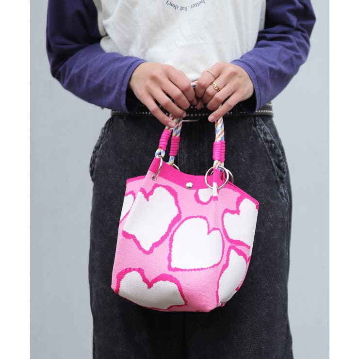 ピンク/ハート | ニットバッグ ミニ 持ち手 | ninon