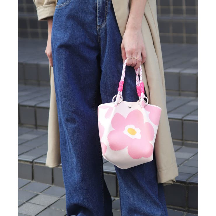 ピンク/フラワー | ニットバッグ ミニ 持ち手 | ninon