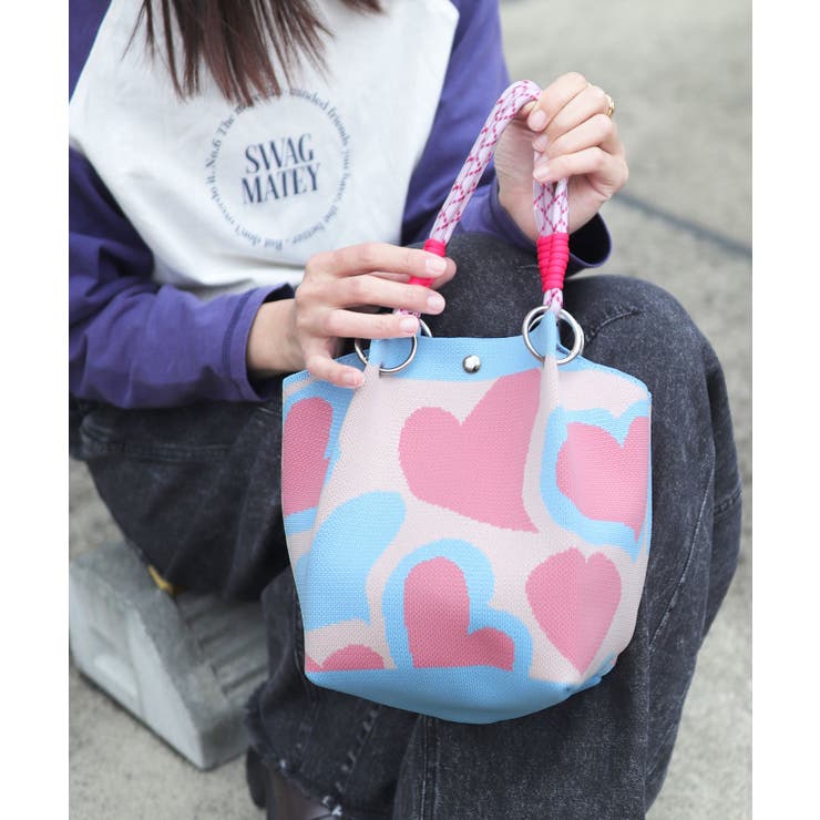 ピンク＆ブルー/ハート | ニットバッグ ミニ 持ち手 | ninon