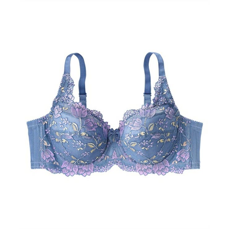 ブルー×ラベンダー | C90－G110 脇高フルカップブラジャー（チューリップ柄）（日本製レース）（ト… | nissen