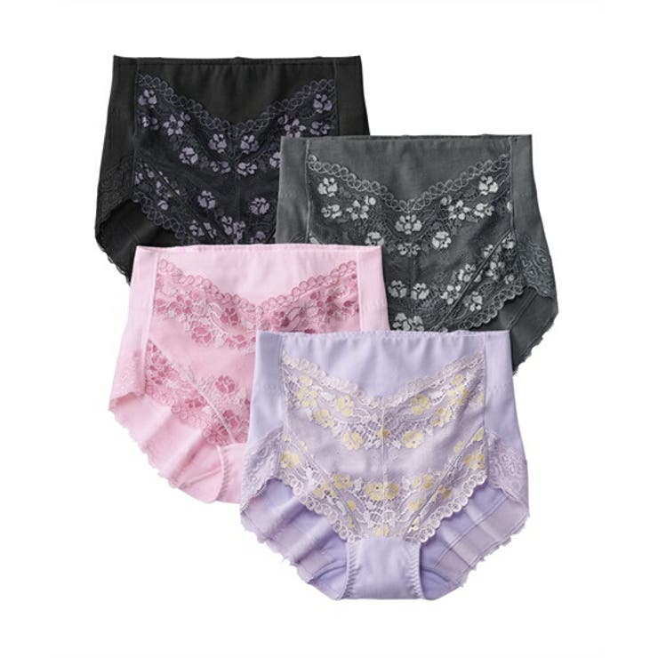 黒+ラベンダー+ピンク+ | 1枚3役 綿混ストレッチ お腹＆ヒップサポート レース深ばき丈ショーツ４枚組 | nissen