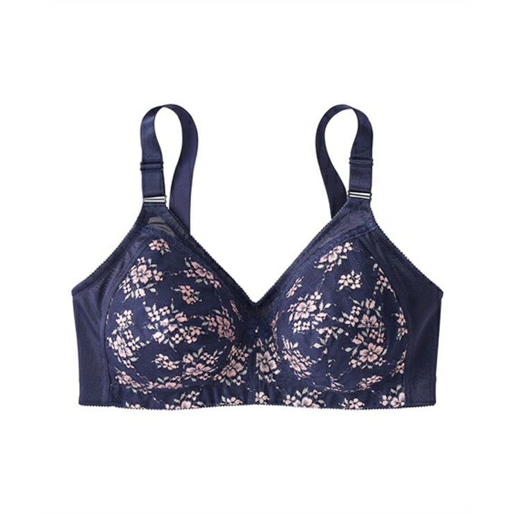 ネイビー×ピンク系 | 小花ノンワイヤー安定ブラジャー(2色レースは日本製) | nissen