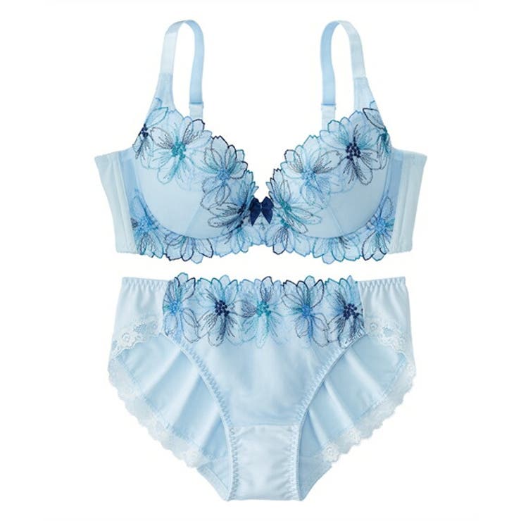 ブルー | 脇高刺しゅうレースブラジャーショーツセット（コスモス）（トリンプ） | nissen