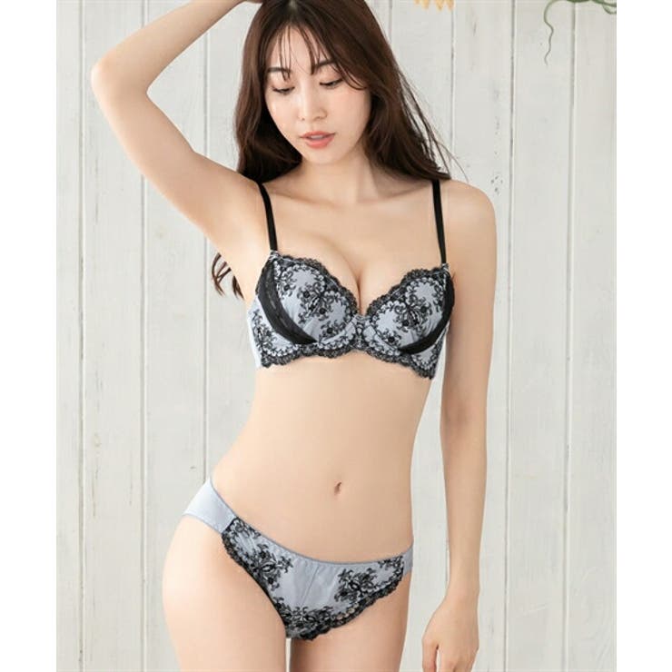 シャイニーブラックフラワーブラジャーショーツセット[品番