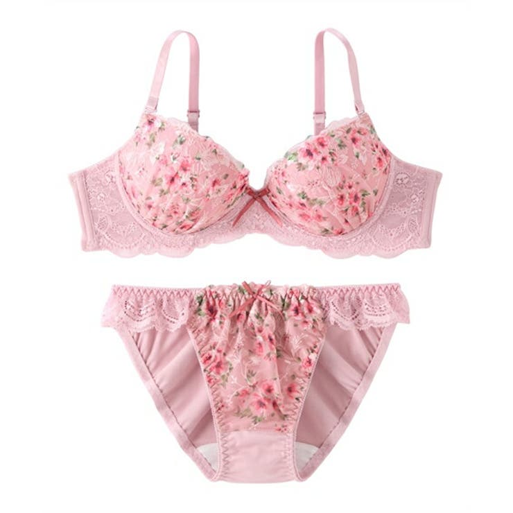 プリントフラワーノンワイヤーブラジャーショーツセット S M[品番