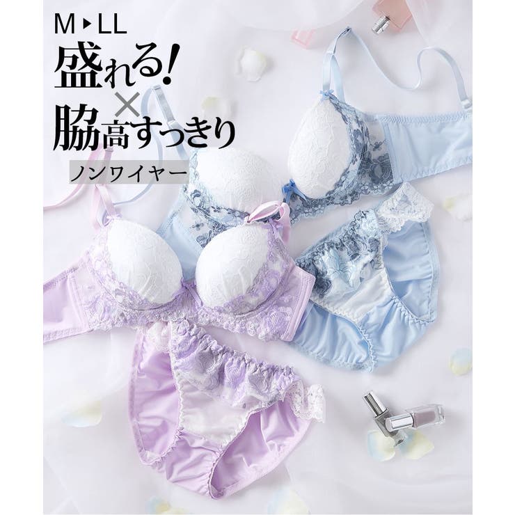 M L LL 脇高フラワーレーシーブーケノンワイヤーブラジャーショーツ