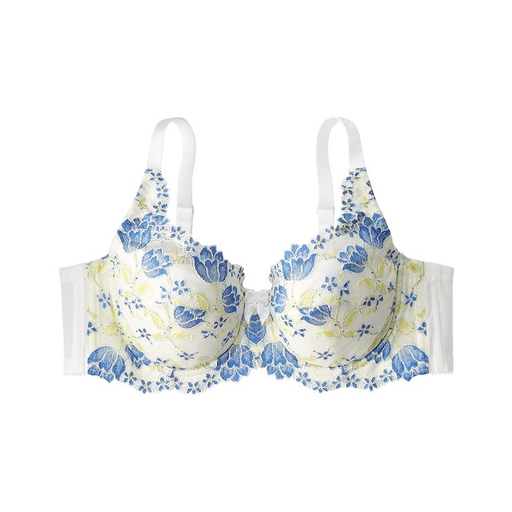 ホワイト×ブルー | C90－G110 脇高フルカップブラジャー（チューリップ柄）（日本製レース）（ト… | nissen