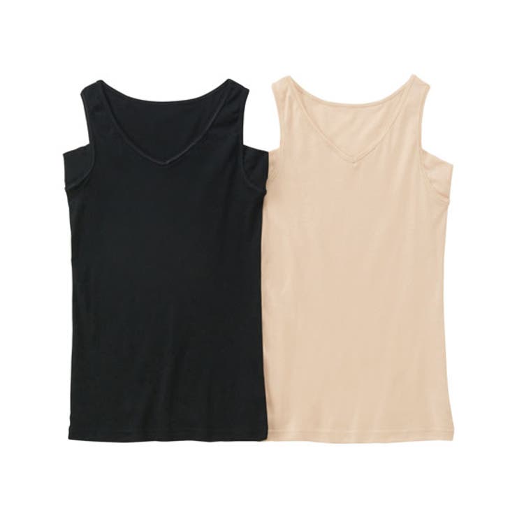 ベージュ+黒 | 吸汗速乾 綿混汗取り付タンクトップ２枚組 | nissen