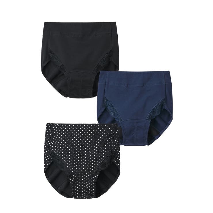 ドット+黒+ネイビー(新型) | 【365日使える】綿混ストレッチ ポケット付深ばき丈サニタリーショーツ昼用３枚組… | nissen