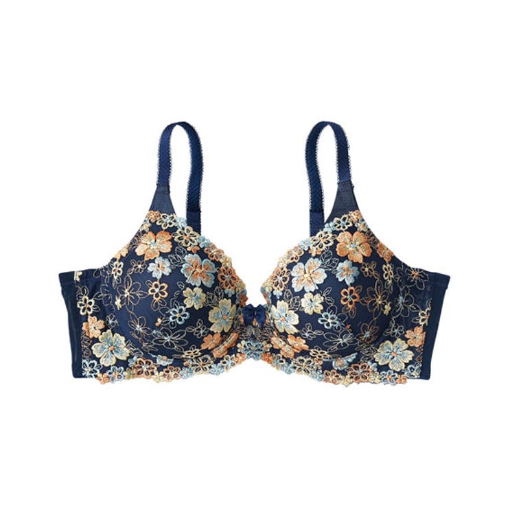 花柄レース装飾ブラジャー ネイビー サルート プチ胸サイズ 花柄刺しゅうレースブラジャー(プティシュ)[品番