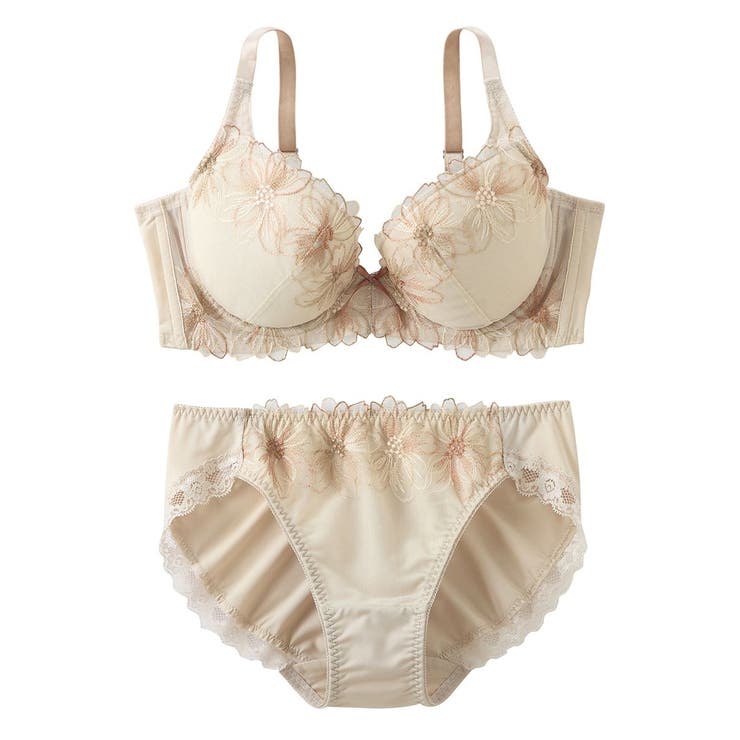 クリーミーベージュ | 脇高刺しゅうレースブラジャーショーツセット（コスモス）（トリンプ） | nissen