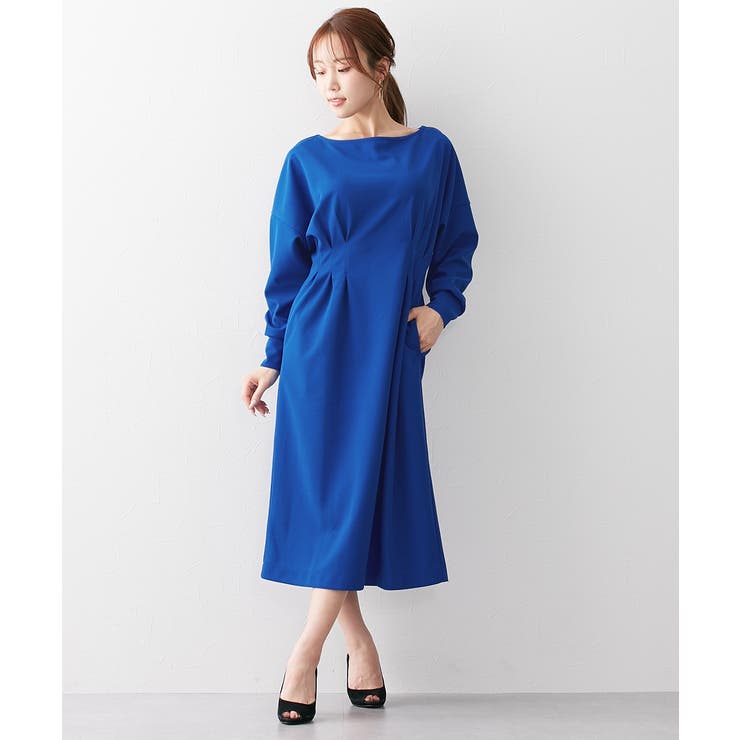 ロイヤルブルー | 【大きい胸専用】ウエストタック長袖ドルマンワンピース(ポケット付) | nissen