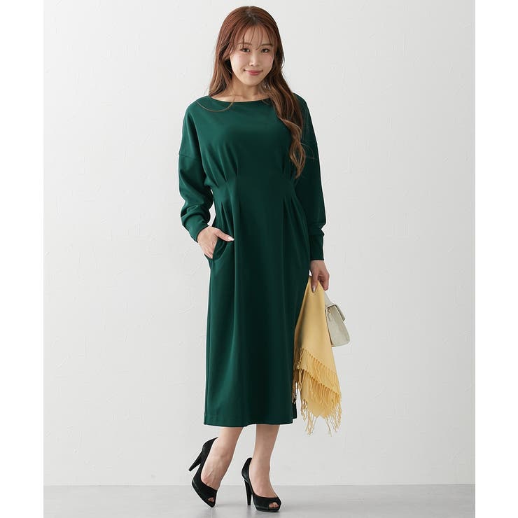 ダークグリーン | 【大きい胸専用】ウエストタック長袖ドルマンワンピース(ポケット付) | nissen