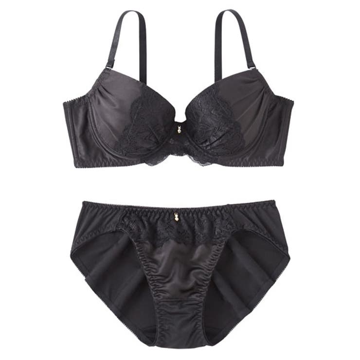 ブラック | (A65/M-F75/L)脇高サテンレースブラジャーショーツセット | nissen