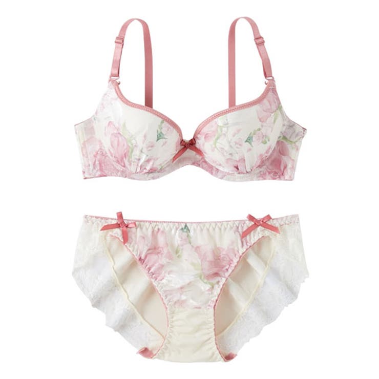 フラワープリント×エレガントレースブラジャーショーツセット[品番
