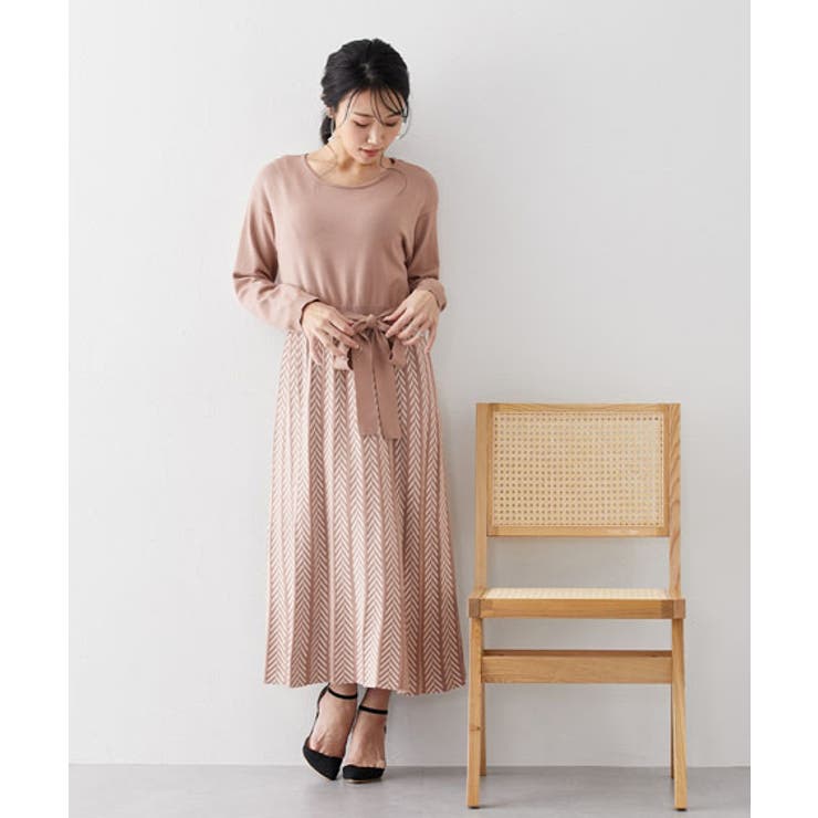ピンクベージュ | これ一枚でさっと決まる!配色ジャカードニットワンピース | nissen