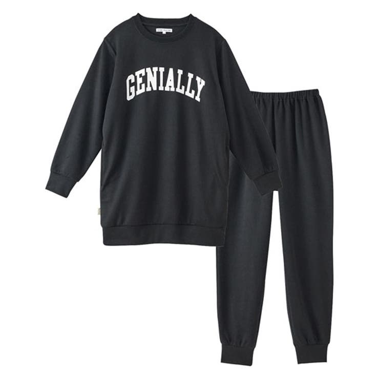 黒系 | やわらかダンボールニットビッグトレーナー風ロゴ入りルームウェア上下セット | nissen