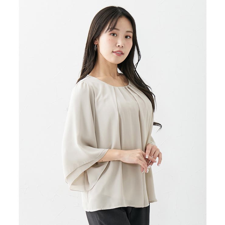 グレージュ系 | (FM F3L)大きい胸専用 タック入デザインフレア7分袖ジョーゼットブラウス | nissen