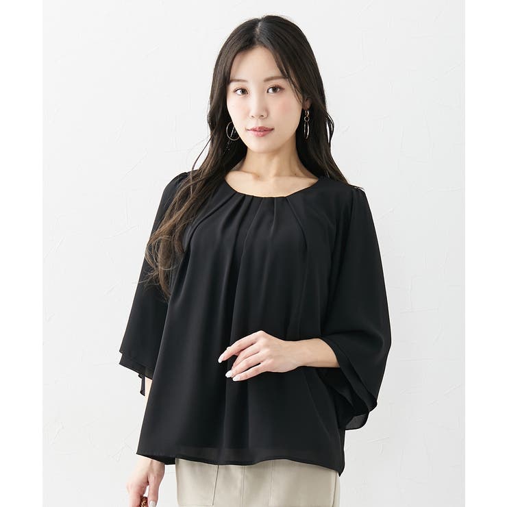 トップス M L LL 3L 4L ニッセン【大きい胸専用】タック入 デザインフレア 7分袖 ジョーゼットブラウス (カットソー裏地付) 女性 レディース トップス 通勤 OL ニッセン 【大きい胸専用】 ブラウス レディース 洗える