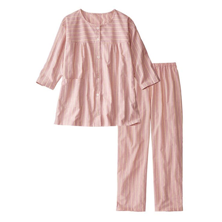 8L-10L)綿100%前開き7分袖ストライプ柄パジャマ[品番：NISW0002902