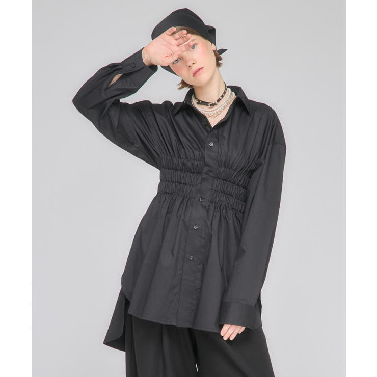 ブラック | Waist Gathering Long Shirts | Nora Lily