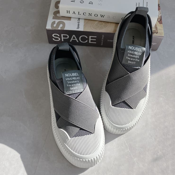 グレー | 厚底★クロスバンド レースレス スリッポン スニーカー | Noubel Voug Relax