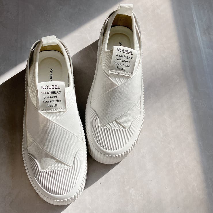 ホワイト | 厚底★クロスバンド レースレス スリッポン スニーカー | Noubel Voug Relax