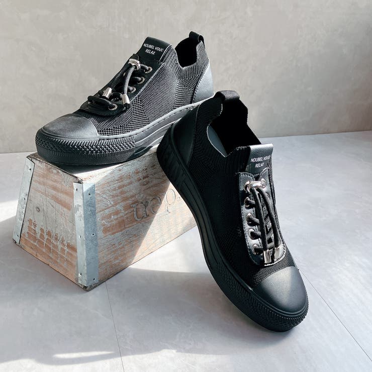 ブラック/ブラック | 上品スニーカー サッと履ける レザーニット レースアップスニーカー | Noubel Voug Relax