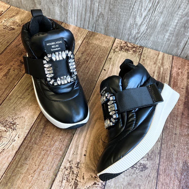 ブラック | 3WAY ビジューバックル もこもこボリューム 撥水スニーカー | Noubel Voug Relax
