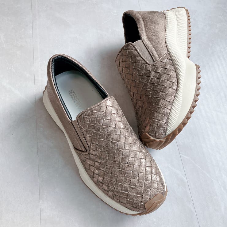 ブロンズ | 上品スニーカー 厚底 編み込みデザイン サイドゴア スリッポンスニーカー | Noubel Voug Relax