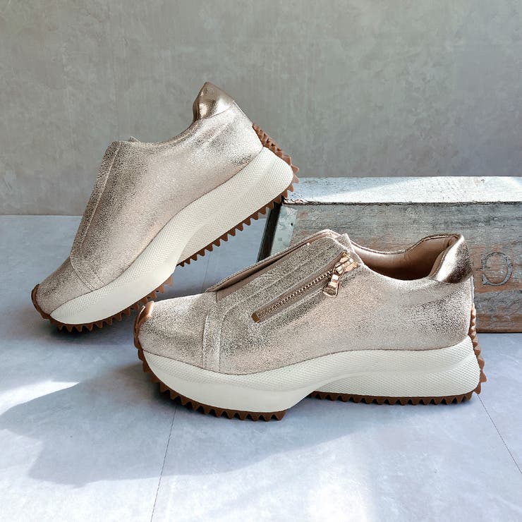 シャンパン | 上品スニーカー サッと履ける 厚底 甲ゴムベルトスニーカー | Noubel Voug Relax