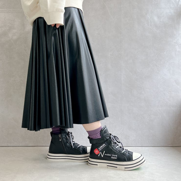 ブラック | 厚底 ジップアップ ラベル スニーカー | Noubel Voug Relax