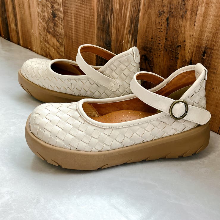 アイボリー | Rin Clover 厚底 編み込み スクエアトゥ ストラップパンプス | Noubel Voug Relax