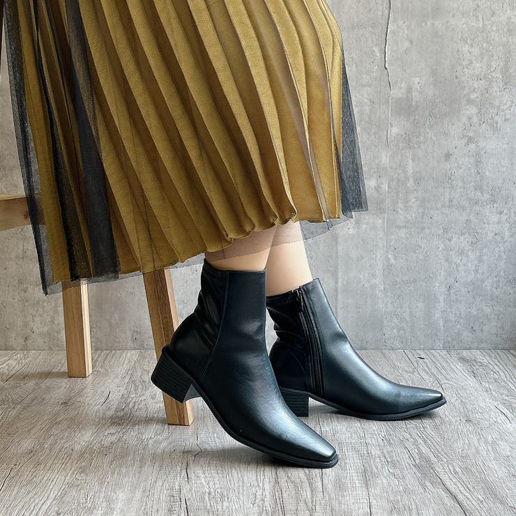 サイドファスナー スクエアトゥ エレガントショートブーツ[品番