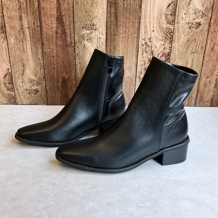 サイドファスナー スクエアトゥ エレガントショートブーツ[品番