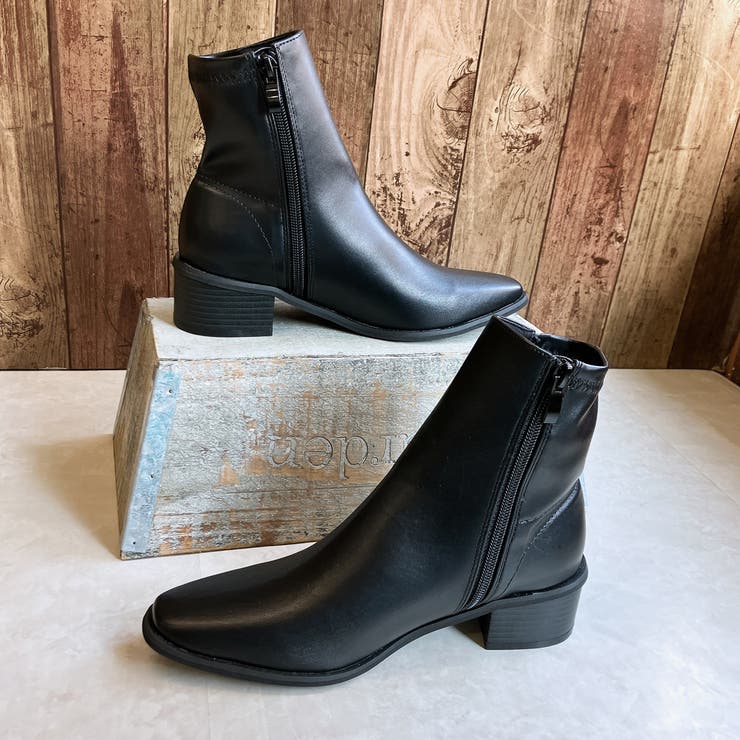 サイドファスナー スクエアトゥ エレガントショートブーツ[品番