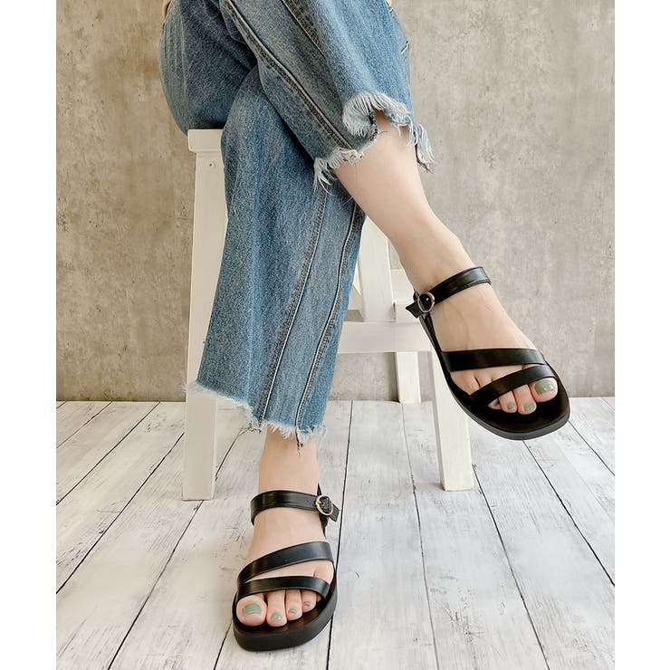 ブラック | アシメデザインメニーストラップサンダル | Noubel Voug Relax