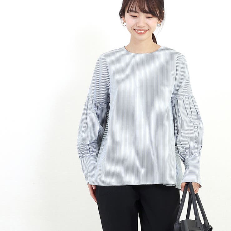 T/Cストライプサイドスリット袖ギャザーブラウス | FUNNY COMPANY＋  | 詳細画像7 
