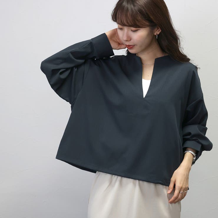シワ加工裾ドロストキーネックブラウス[品番：FNYW0002992