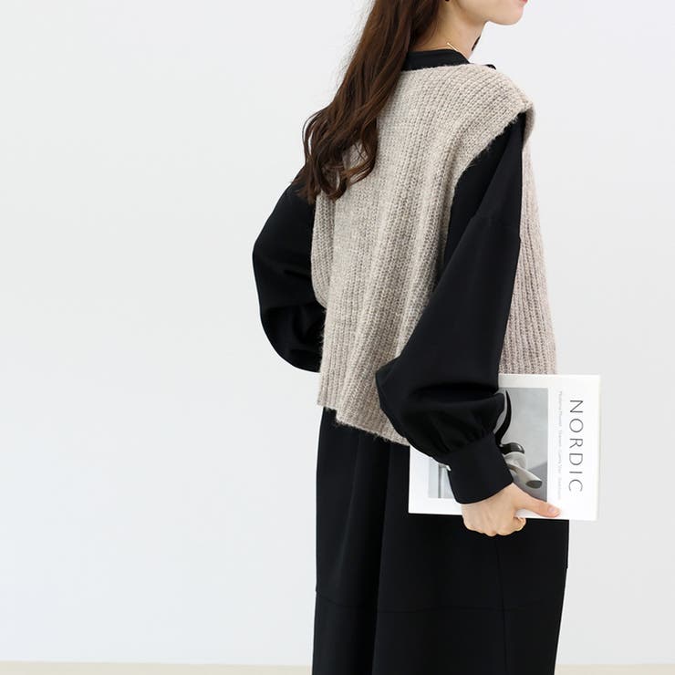 片畦編みミックスヤーンVネックベスト[品番：FNYW0003053