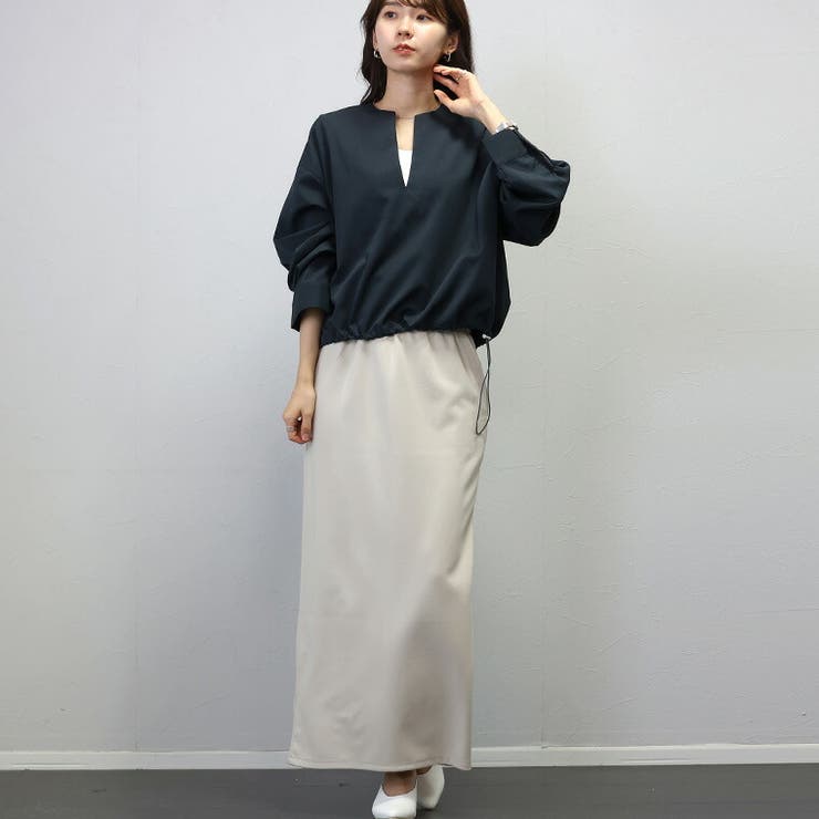 シワ加工裾ドロストキーネックブラウス[品番：FNYW0002992