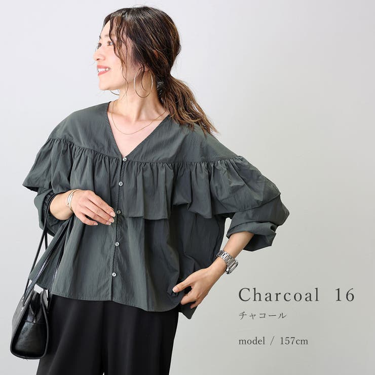シワ加工フリル2WAY前開きブラウス[品番：FNYW0003432]｜FUNNY