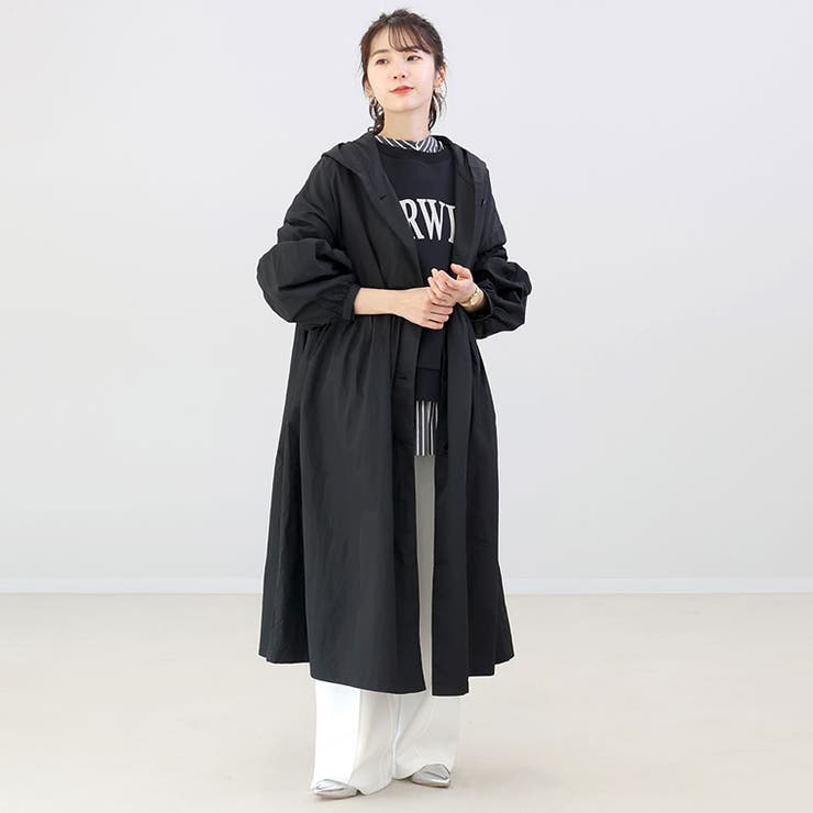ナイロンギャザー切替フードロングブルゾン[品番：FNYW0003575